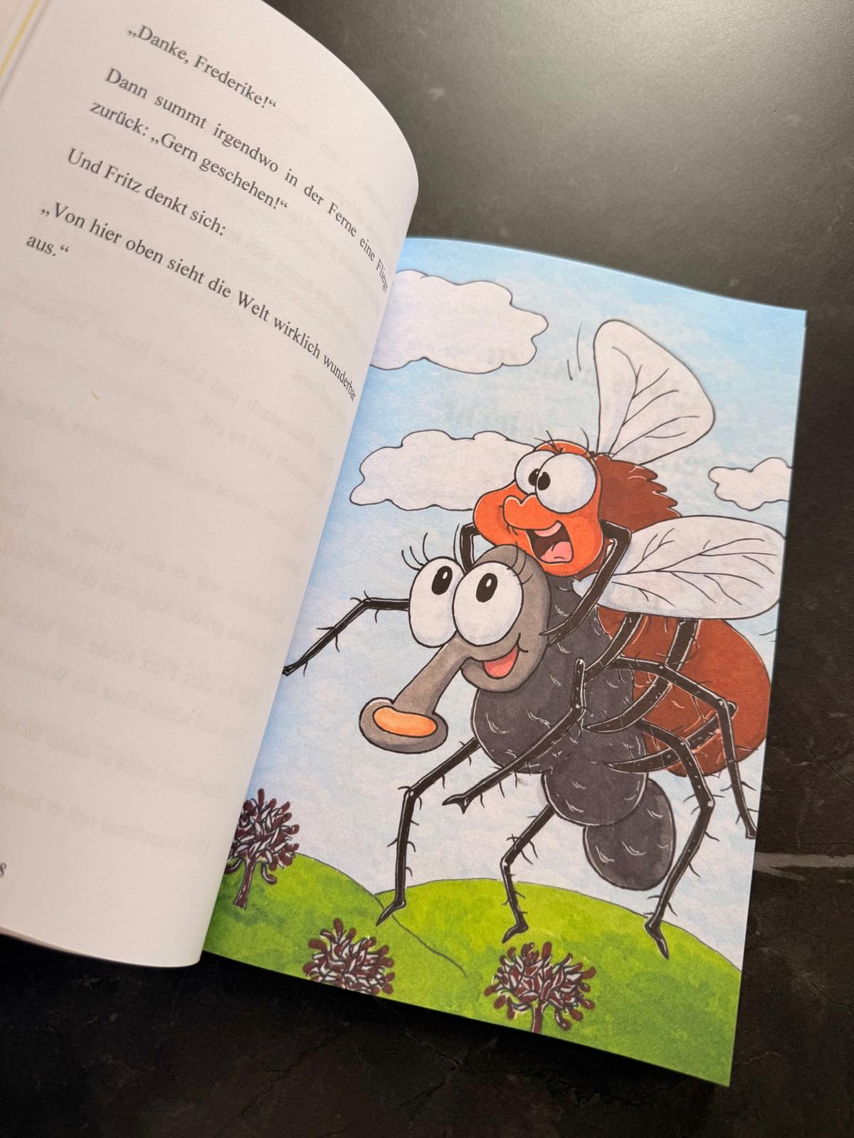 Illustration aus der Geschichte: Fritz und Frederike fliegen gemeinsam über eine Wiese